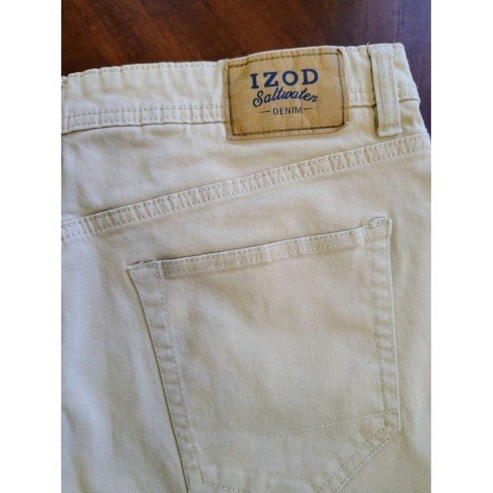 Izod Saltwater Denim Mens Khaki Tan Casual Shorts Size 34 5-Pocket Summer Preppy